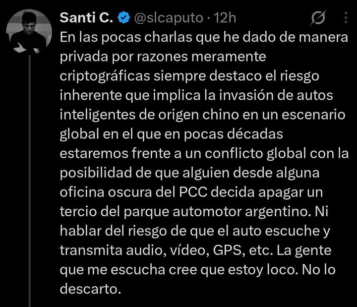 Tuit incómodo. Santiago Caputo sobre los autos chinos y el la supuesta vigilancia