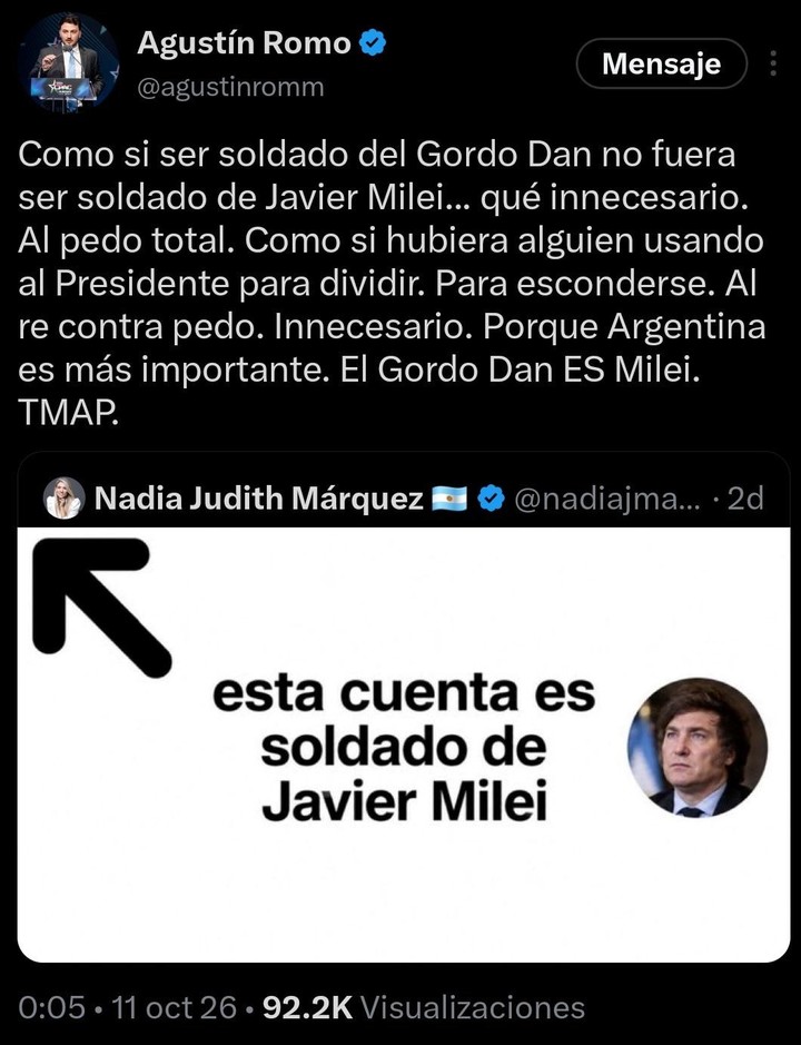 Tuit incómodo. Agustín Romo cruzó a la senadora Nadia Márquez en redes.